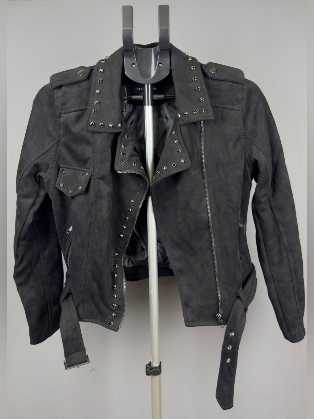 Haute Monde Charcoal Black Studded Suede Moto Jacket